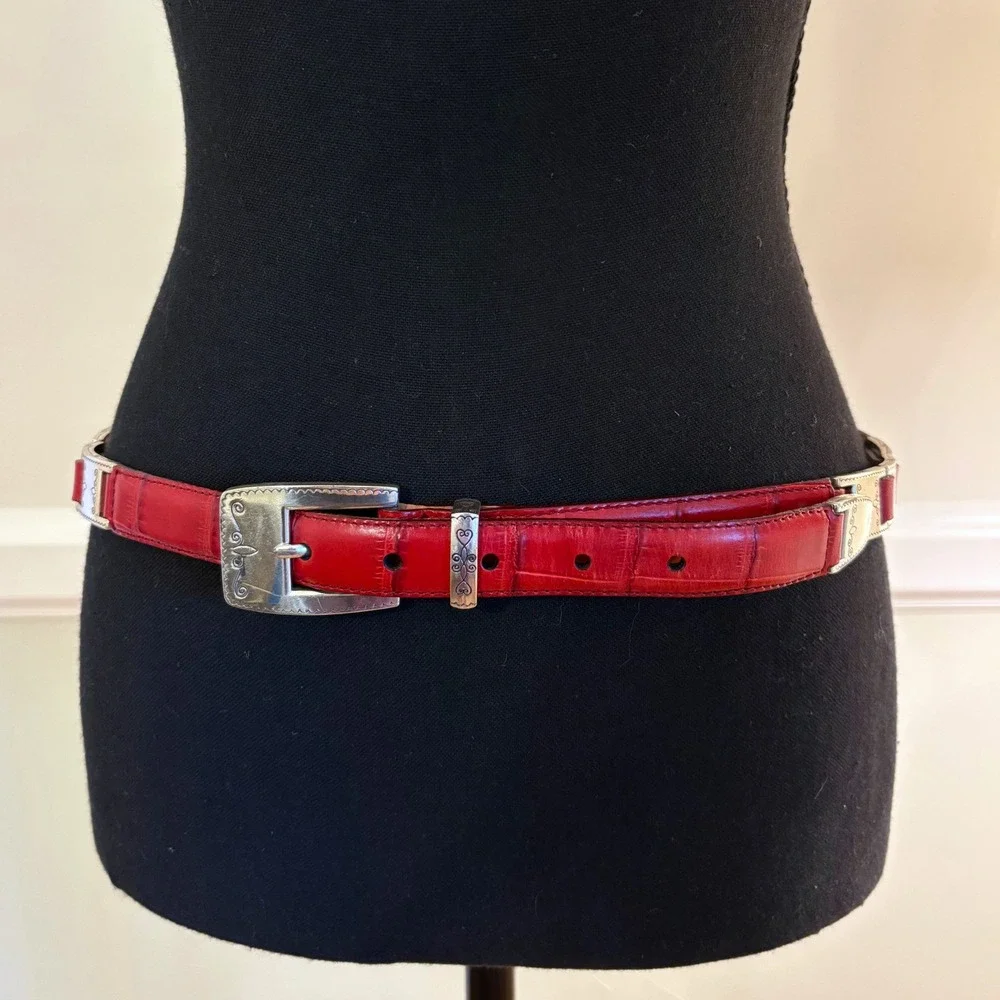 Brighton Red Croc Embossed Leather Belt Silver Scroll Link Hardware 41
